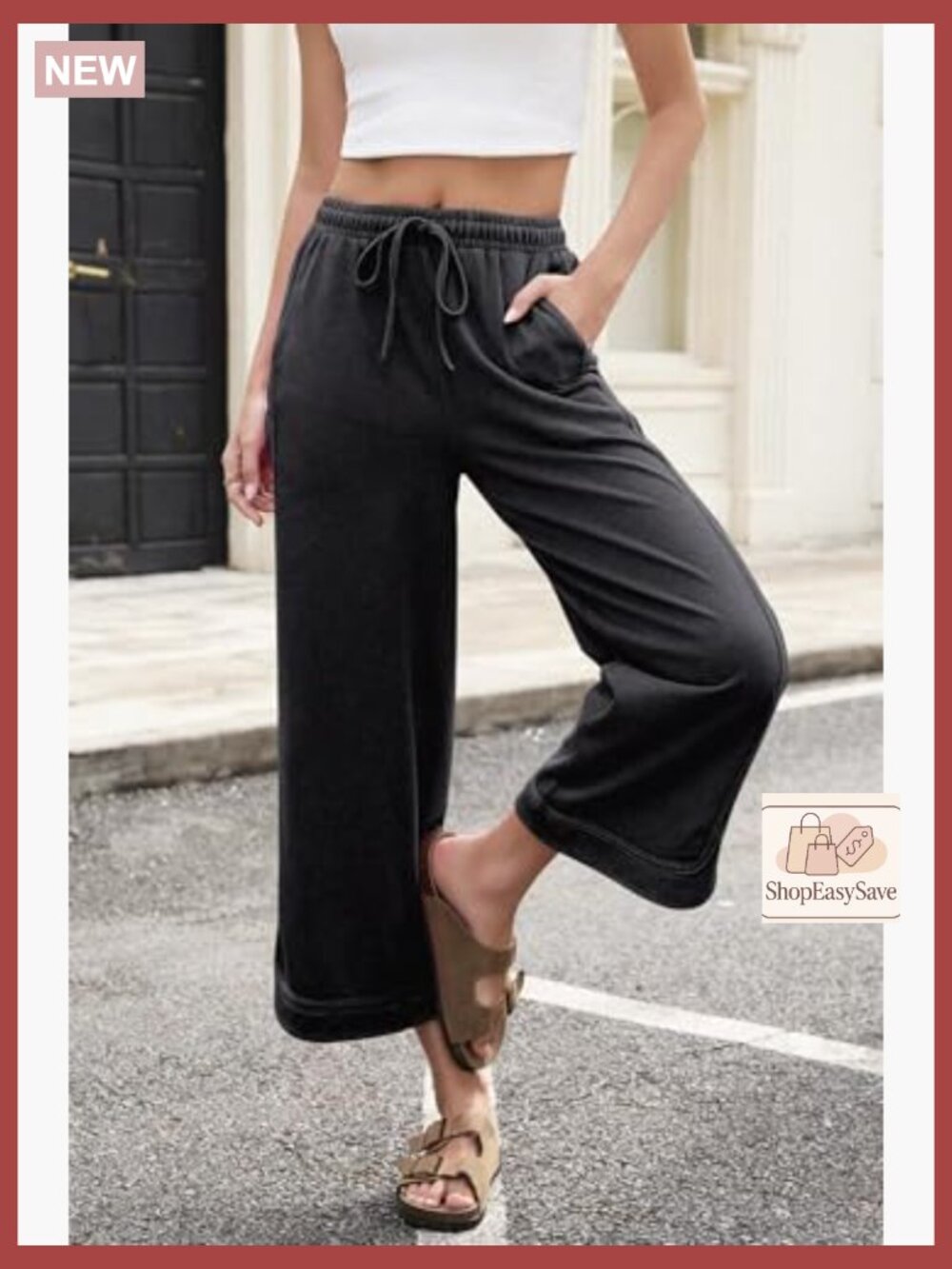 Wide Leg Baggy Sweatpants Drawstring High Rise Cropped Capri Joggers - Picture 3 of 7